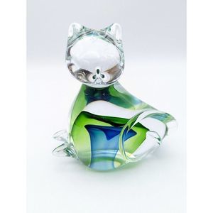 Art Glass Blue and Green Cat Figurine Curling Tail Paperweight